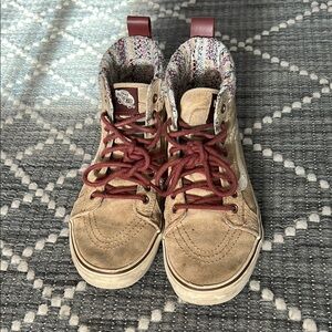 Vans Tan and Red Suede High-Top Sneakers
